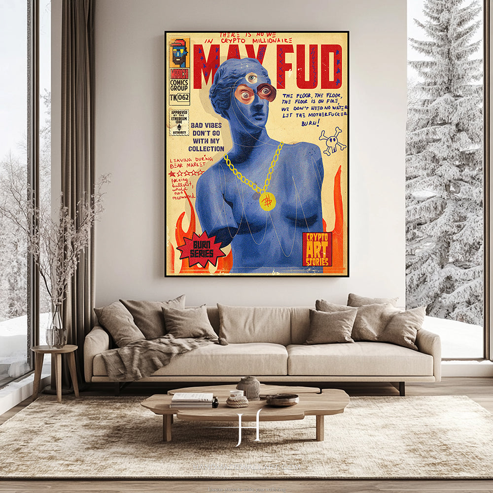 a living room with a couch and a painting on the wall