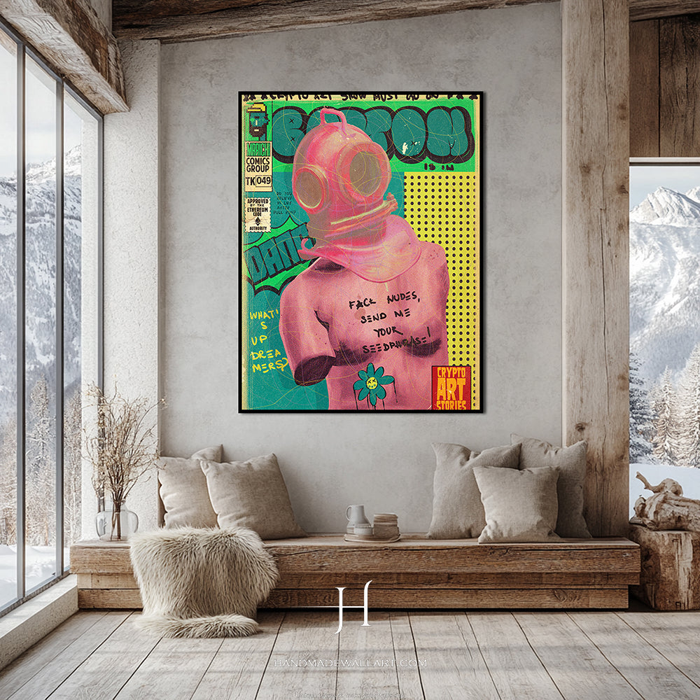 a living room with a couch and a painting on the wall