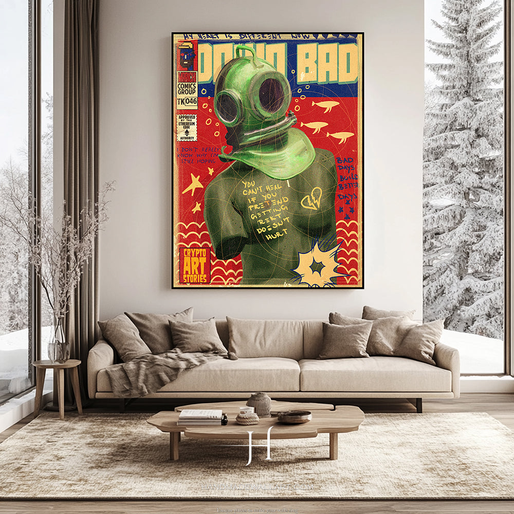 a living room with a couch and a painting on the wall