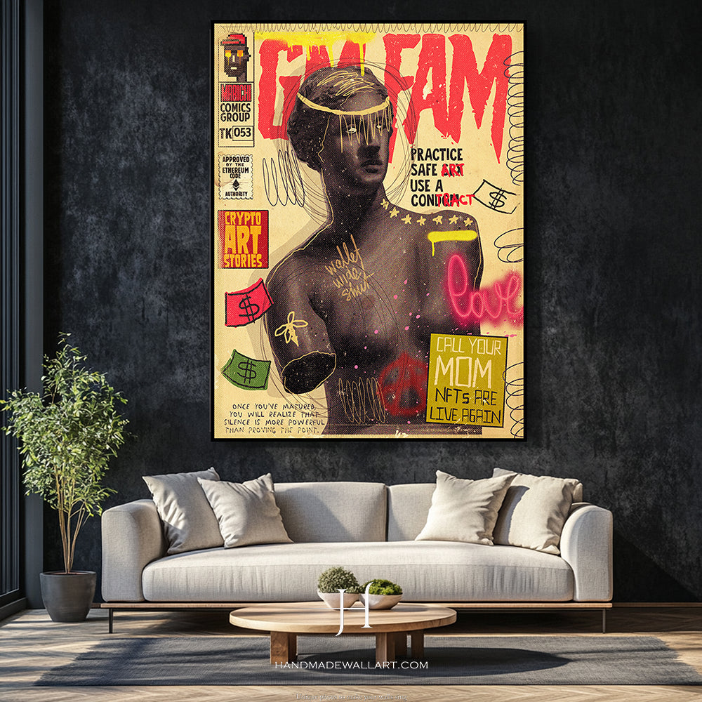 a living room with a couch and a painting on the wall