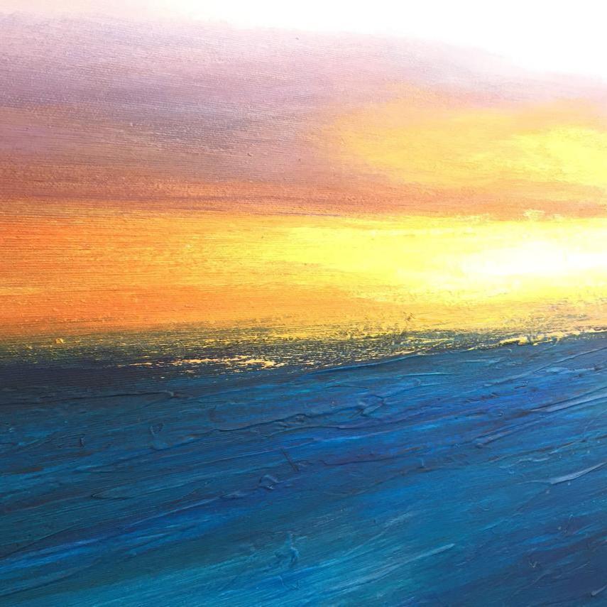 The image is a vibrant painting depicting a serene sunset over a body of water, with warm hues of orange, yellow, and blue creating a sense of tranquility and beauty.