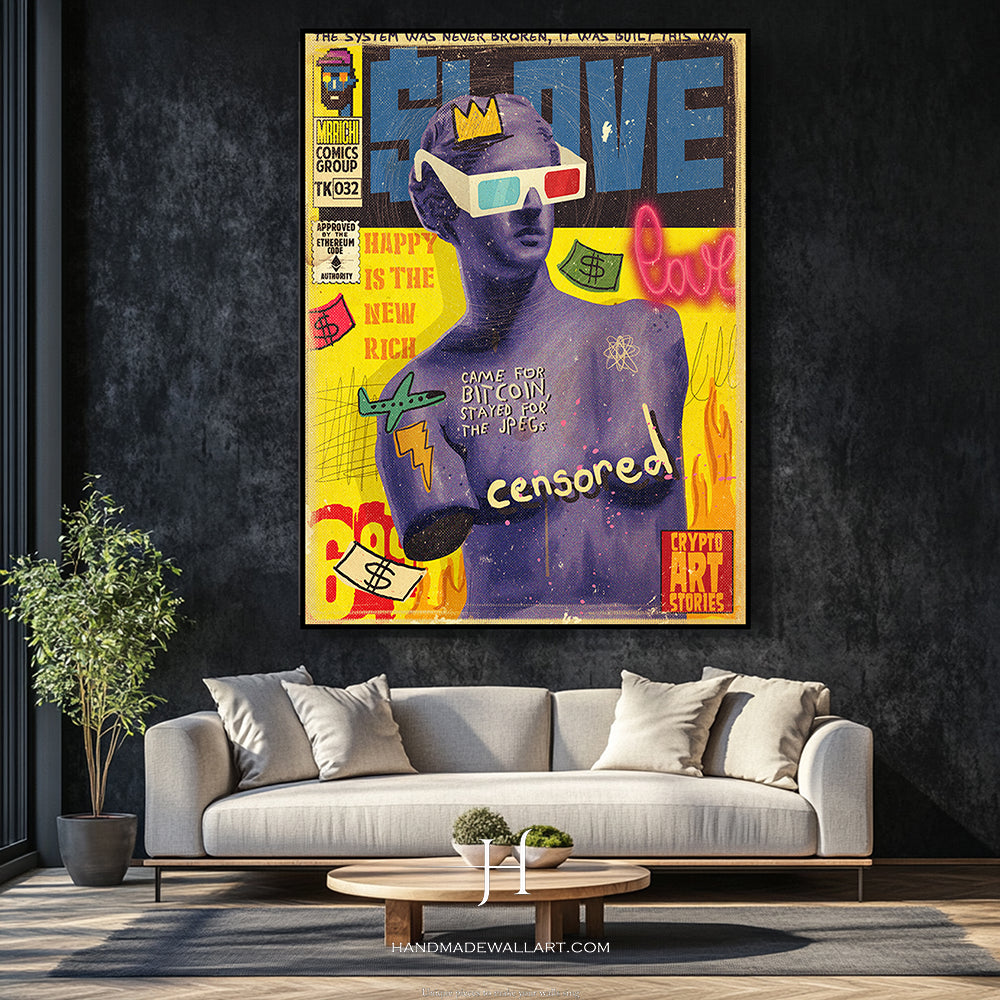 a living room with a couch and a painting on the wall