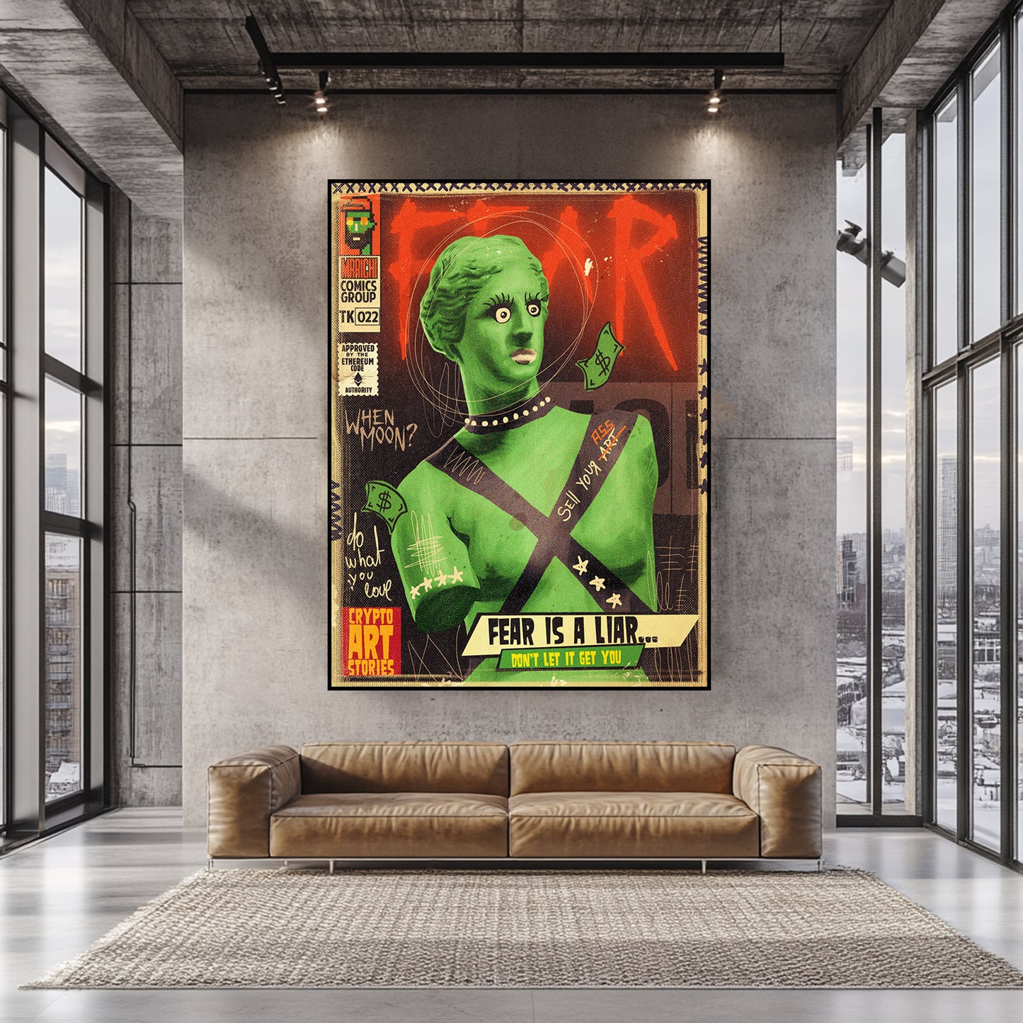 a living room with a couch and a painting on the wall