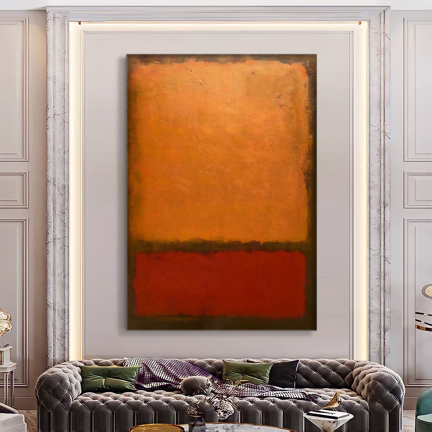 a living room with a couch and a painting on the wall