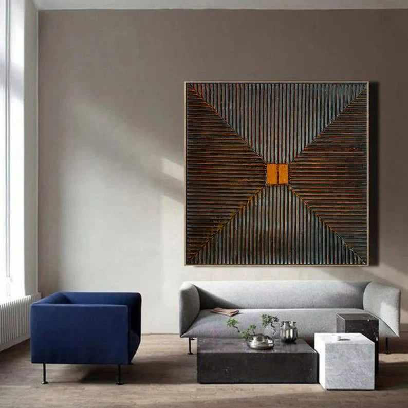 a modern living room with a large abstract painting on the wall, a blue armchair, a gray sofa, and a coffee table with a plant on it.
