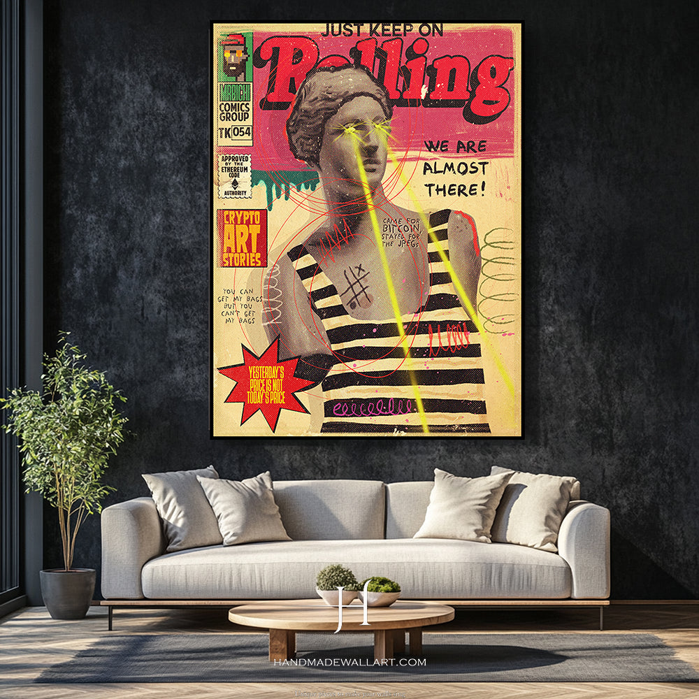 a living room with a couch and a painting on the wall