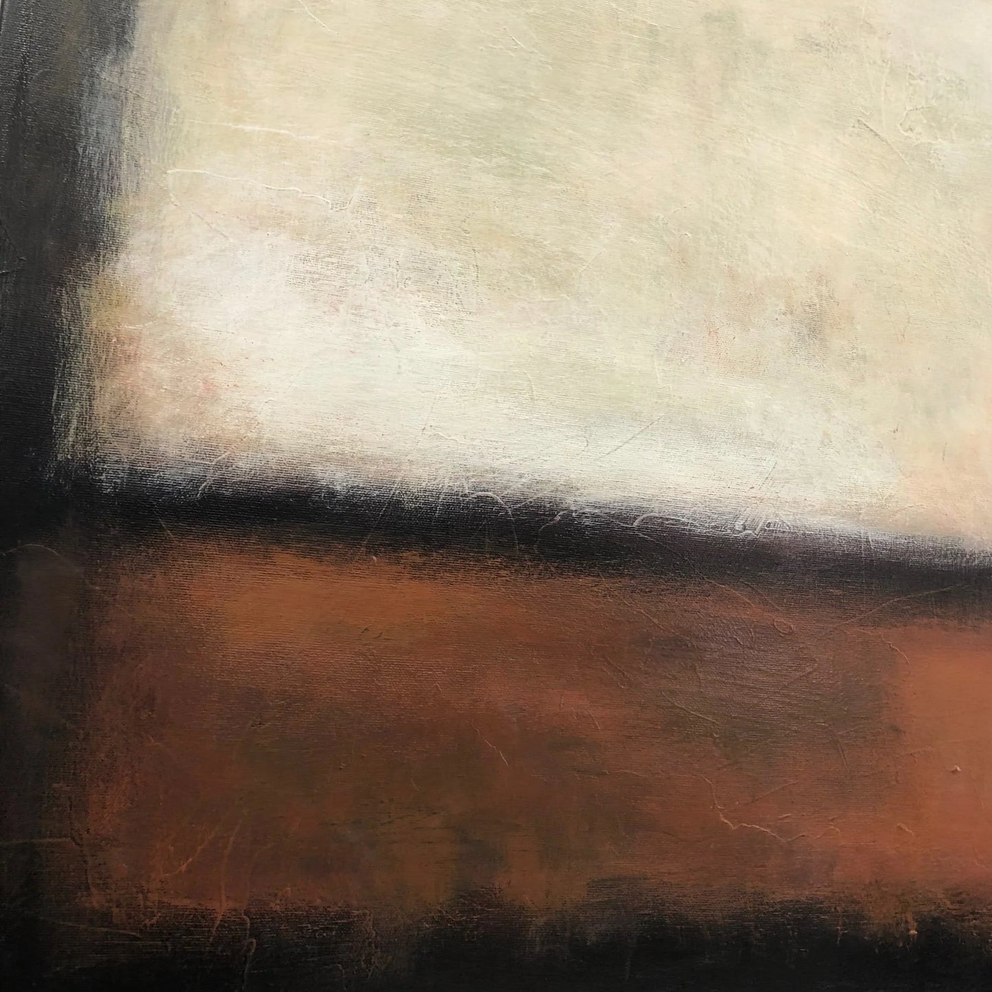 The image is an abstract painting with a predominantly white background and a contrasting brown and orange foreground. The painting has a textured and expressive style, with visible brushstrokes and a sense of depth and dimension.