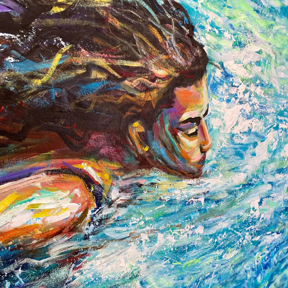 The image is a vibrant, colorful painting depicting a woman's face and hair flowing in the water, with bold brushstrokes and a sense of movement.