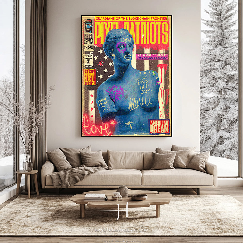 a living room with a couch and a painting on the wall