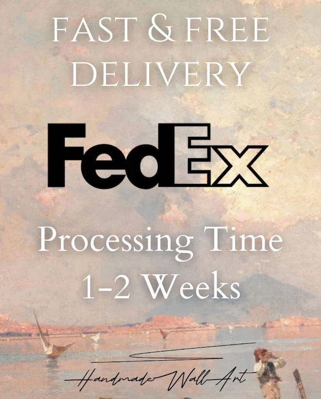 The image is a promotional poster for FedEx fast and free delivery services. It features a painting of a seascape with sailboats and a person, along with the FedEx logo and text indicating the processing time of 1-2 weeks.
