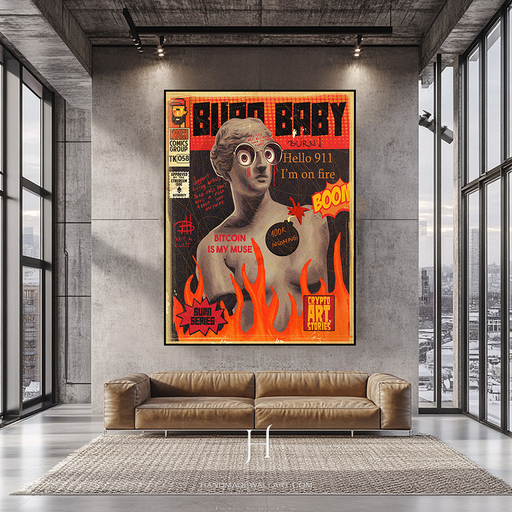a living room with a couch and a poster on the wall
