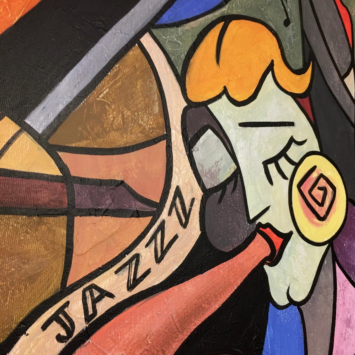 The image is a colorful abstract painting featuring a stylized face with a yellow head and red lips, along with the word "Jazz" written in bold black letters.