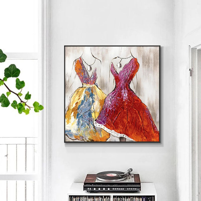a painting of two women in dresses on a wall above a record player