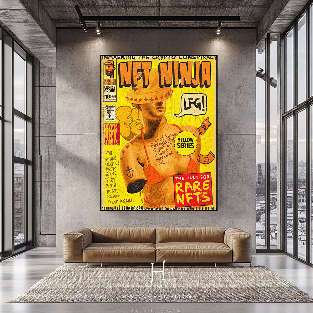 a living room with a couch and a poster on the wall