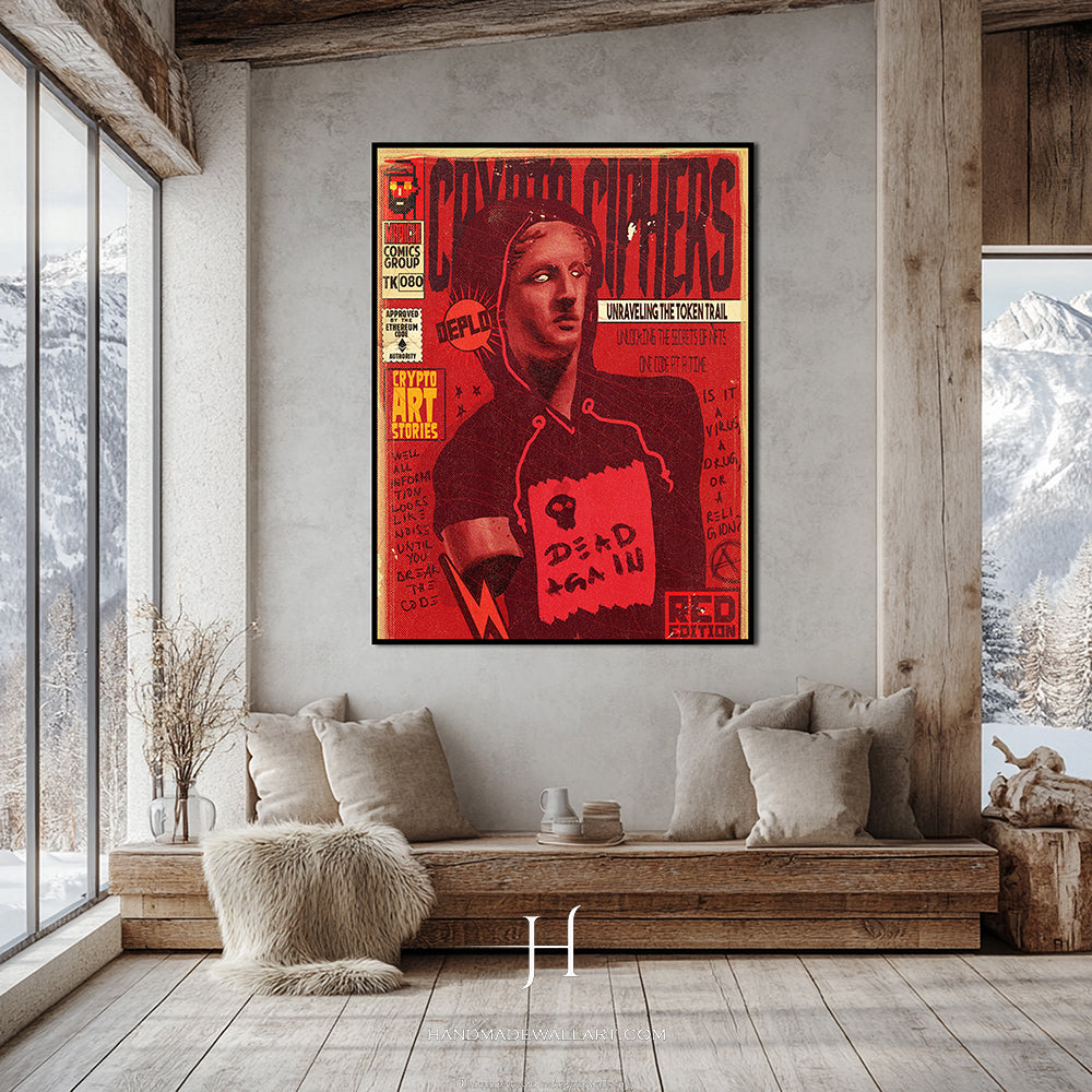 a living room with a couch and a poster on the wall
