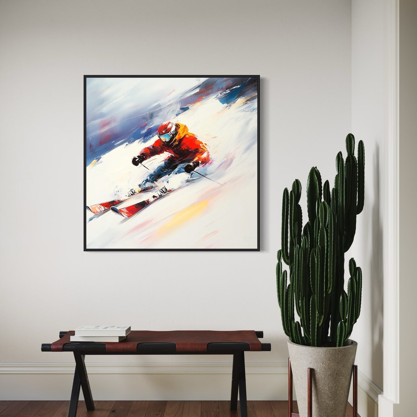 a painting of a person skiing on a mountain