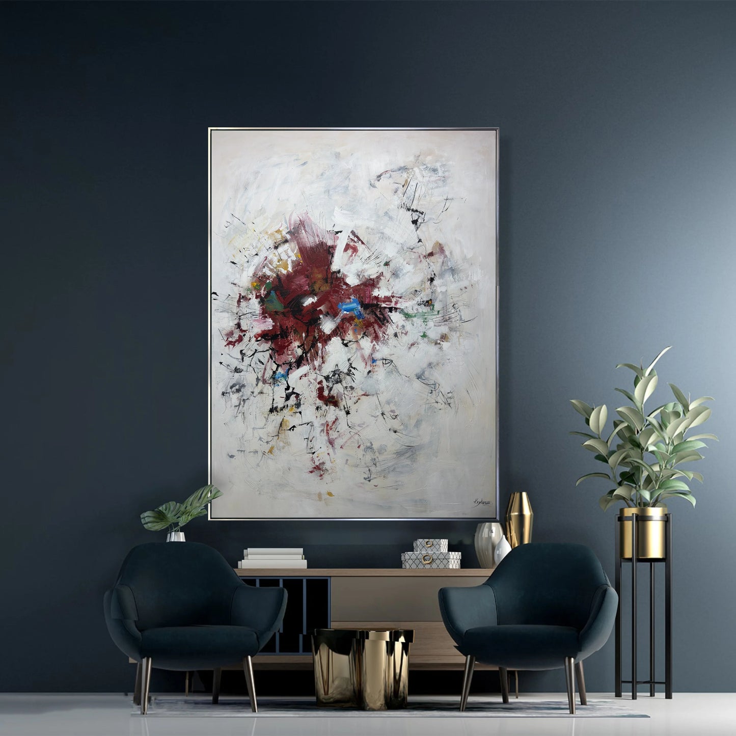 a modern living room with a large abstract painting hanging on the wall, flanked by two blue armchairs. The room has a minimalist and sophisticated design, with a wooden coffee table and a potted plant adding a touch of greenery.