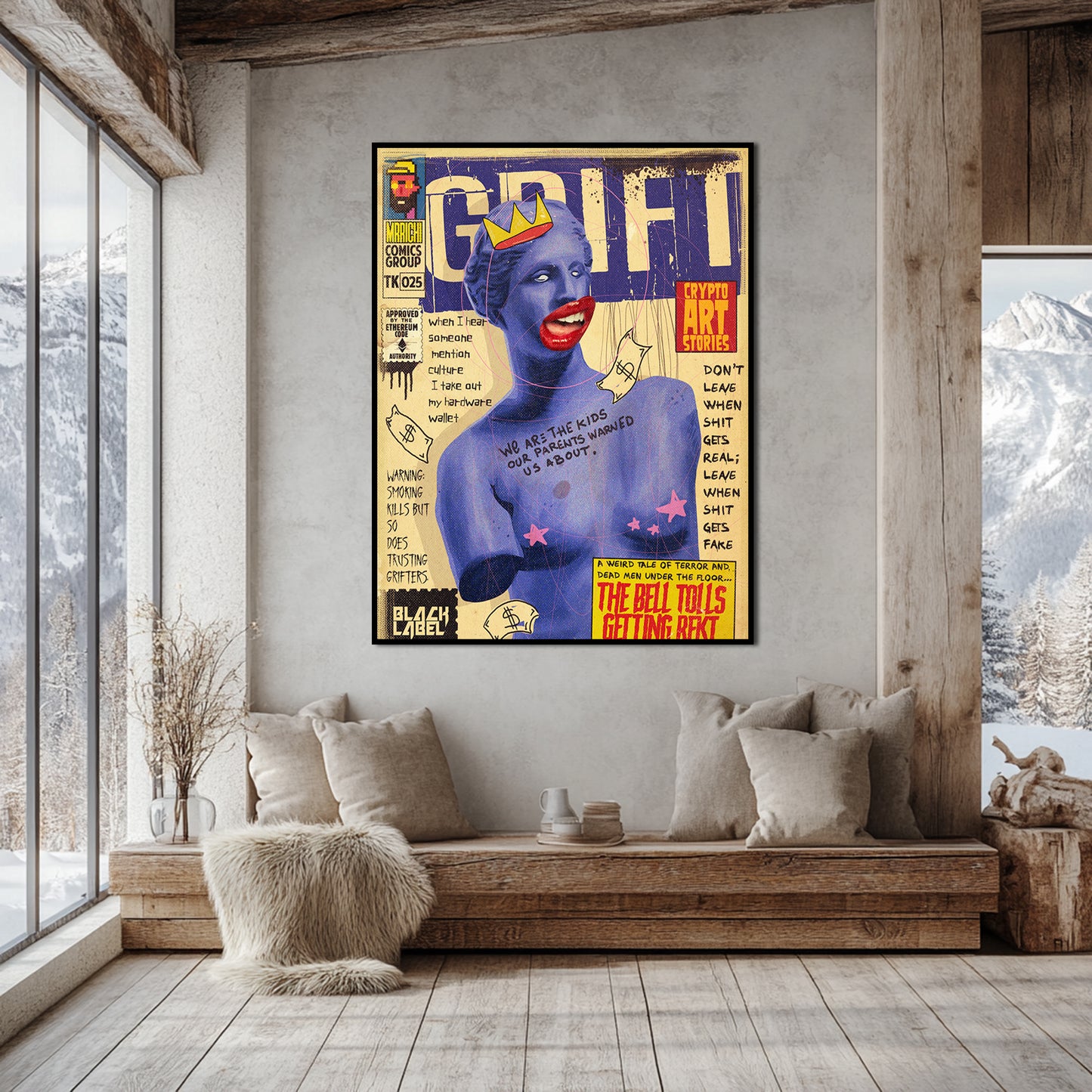 a living room with a couch and a painting on the wall