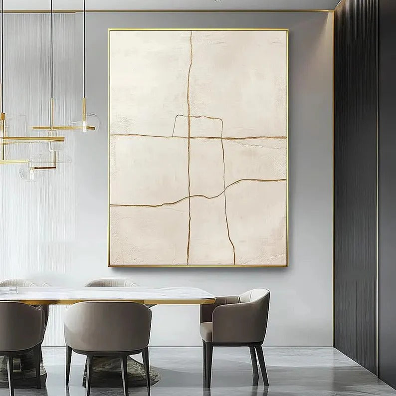 a modern dining room with a large abstract painting hanging on the wall above a dining table with chairs.