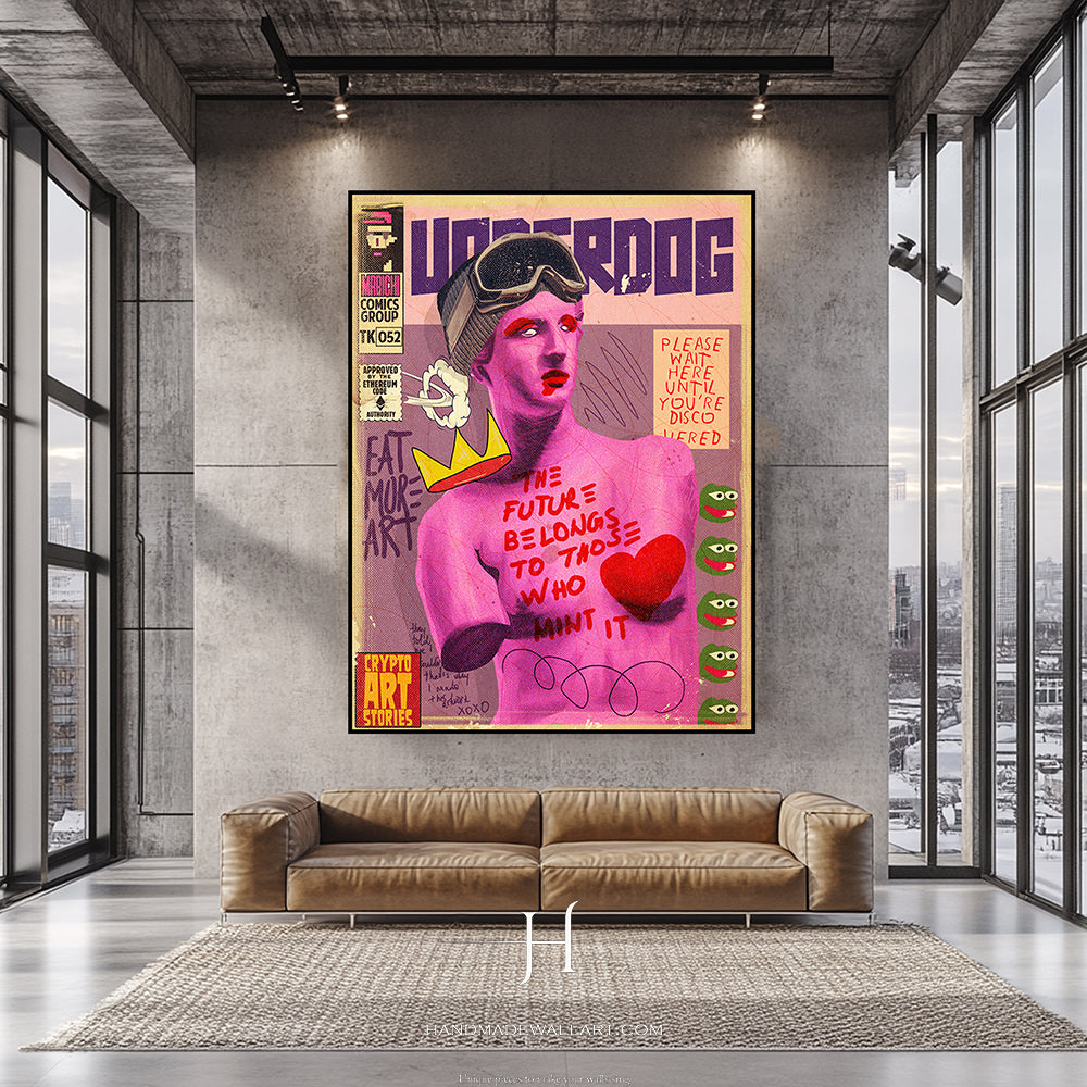 a living room with a couch and a painting on the wall
