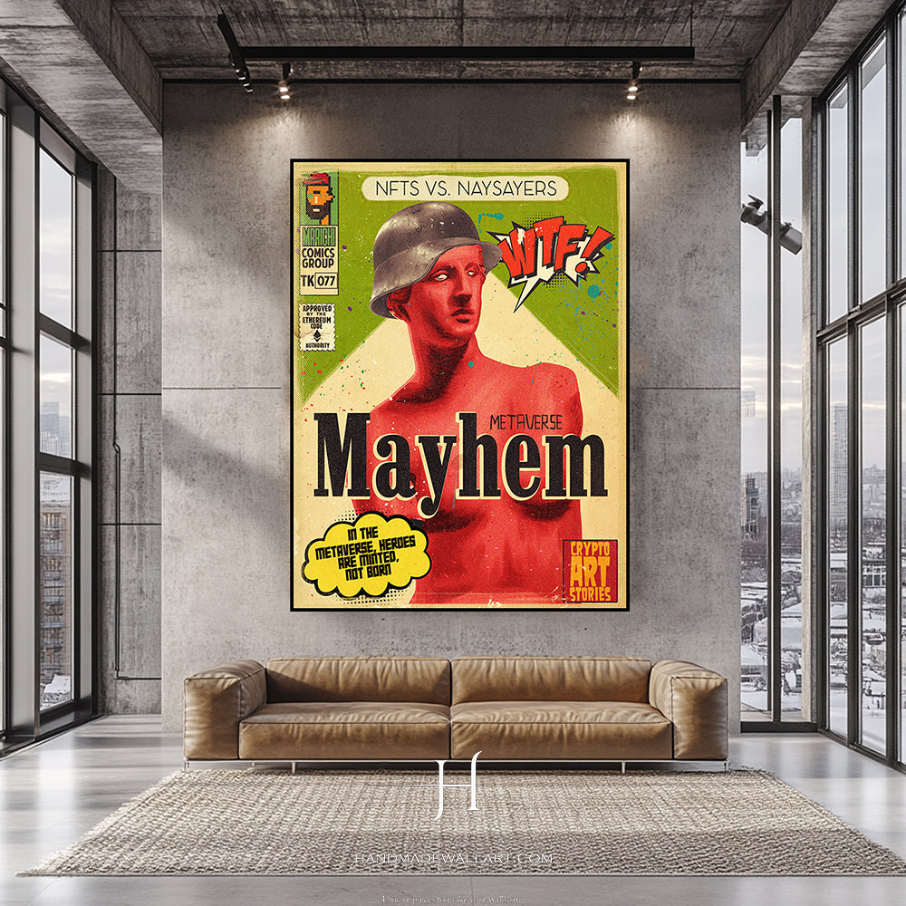 a living room with a couch and a poster on the wall