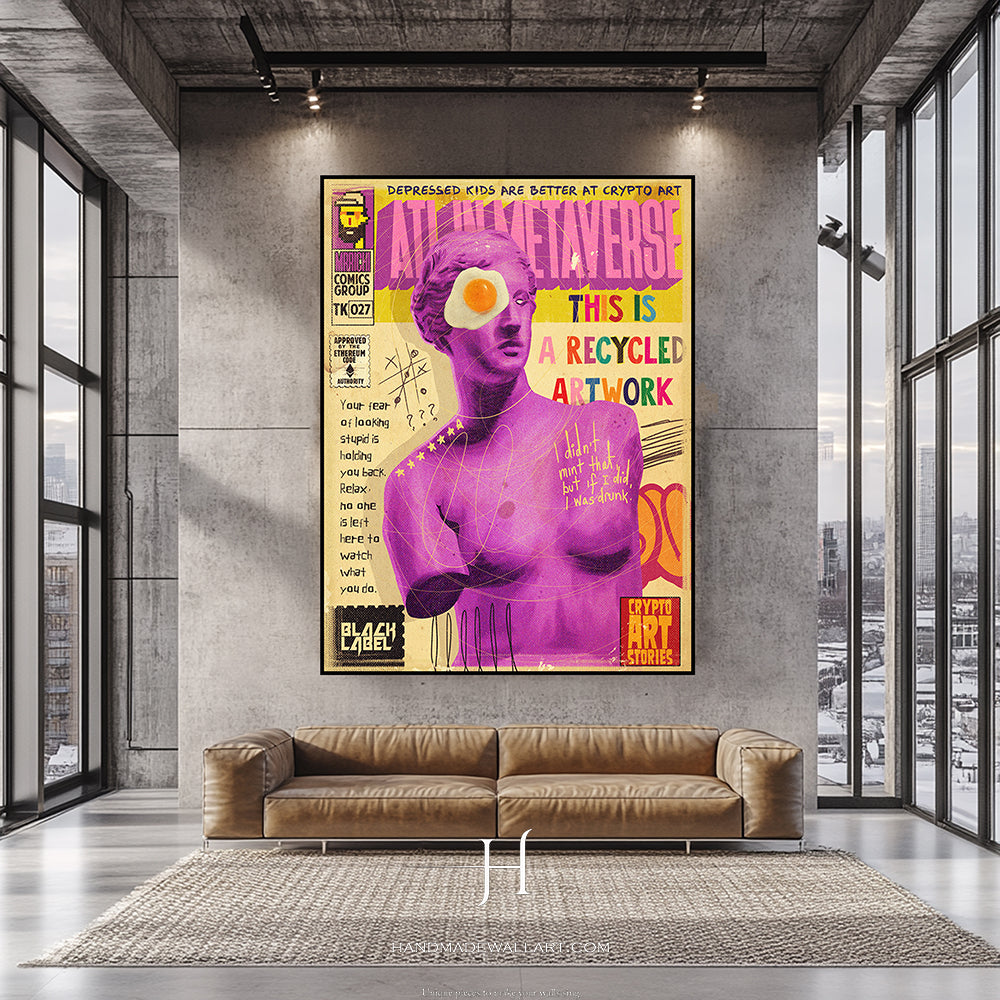 a living room with a couch and a painting on the wall