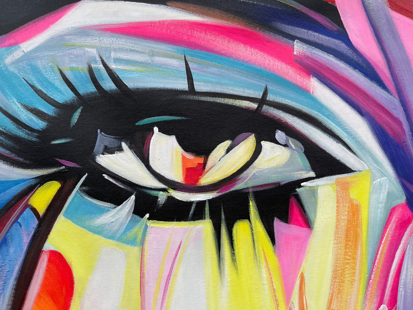 a painting of a woman's eye with bright colors