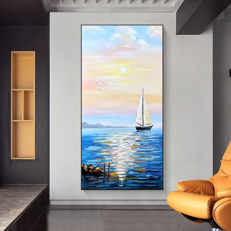 a painting of a sailboat in the ocean