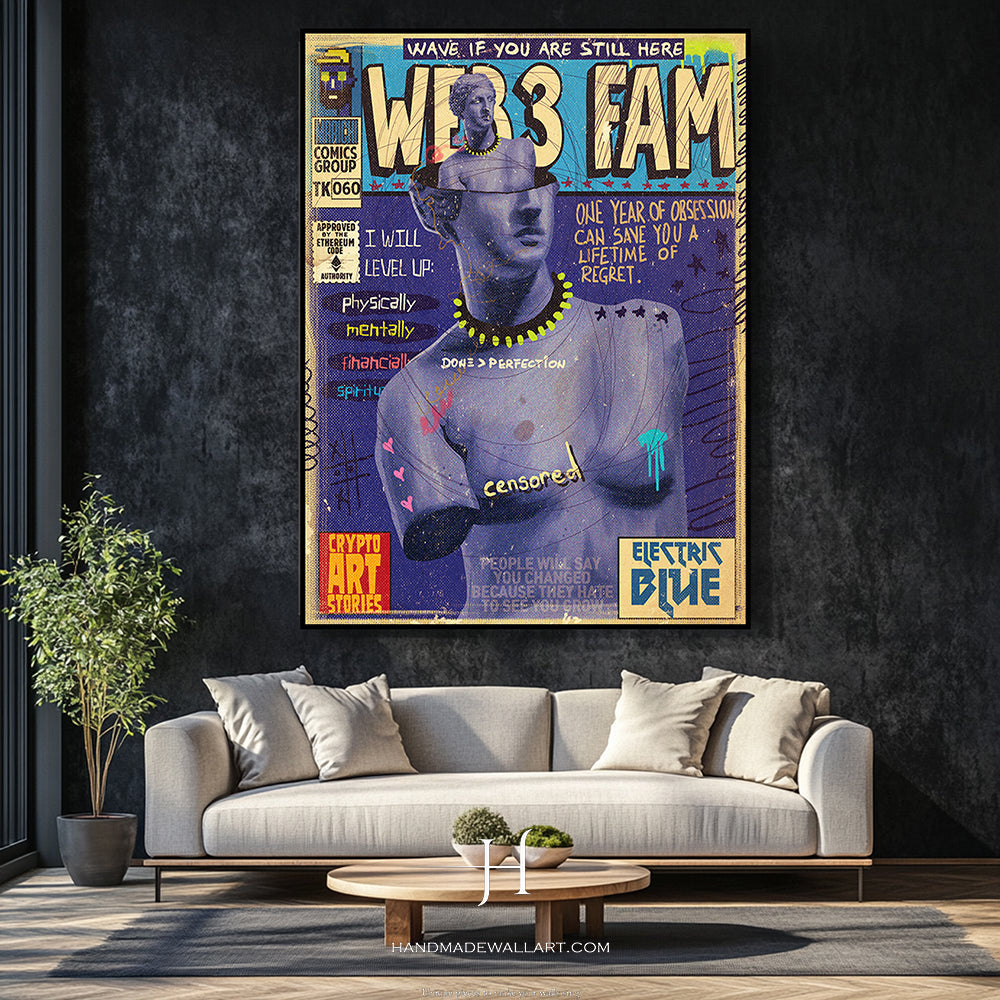 a living room with a couch and a poster on the wall