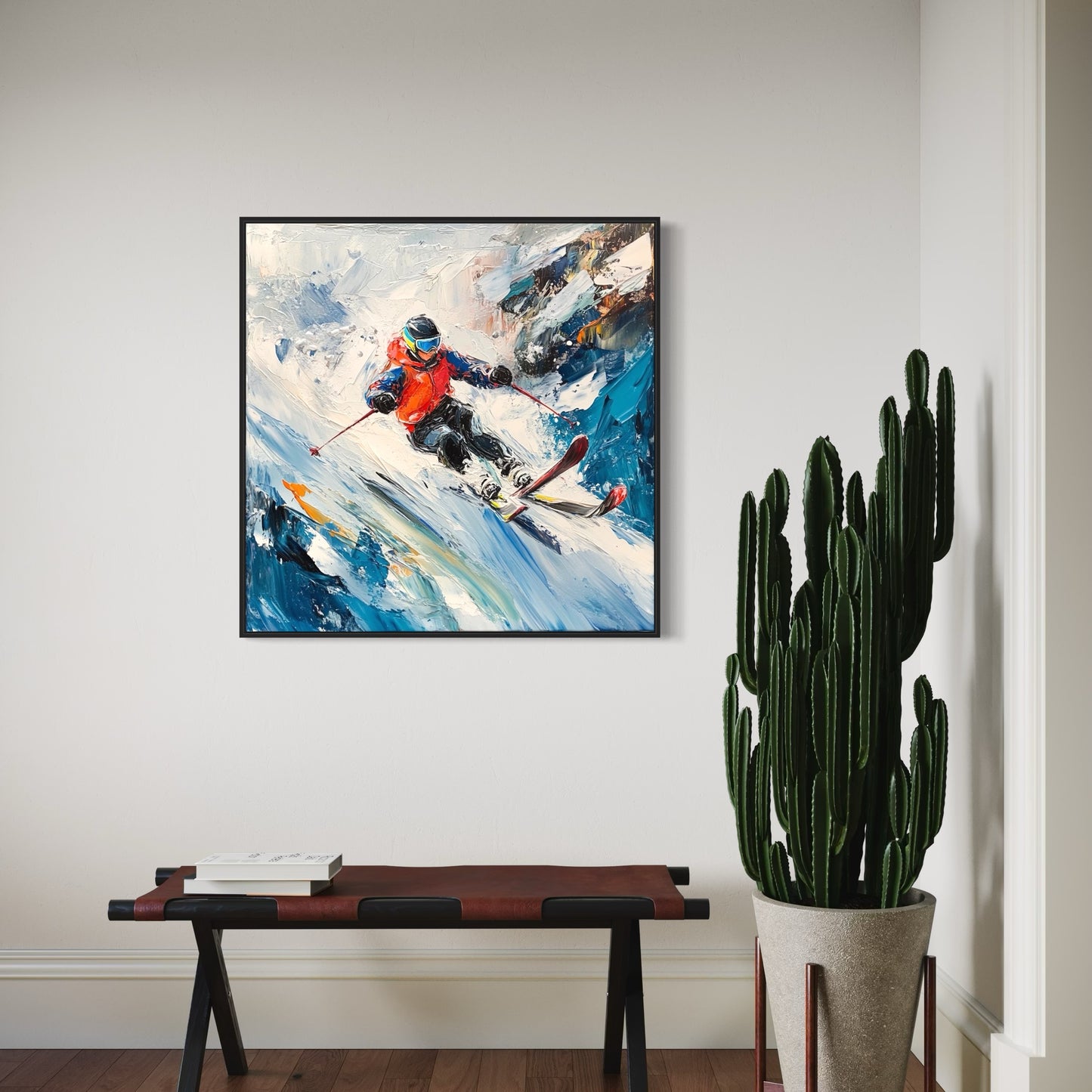 a painting of a skier is hanging on a wall