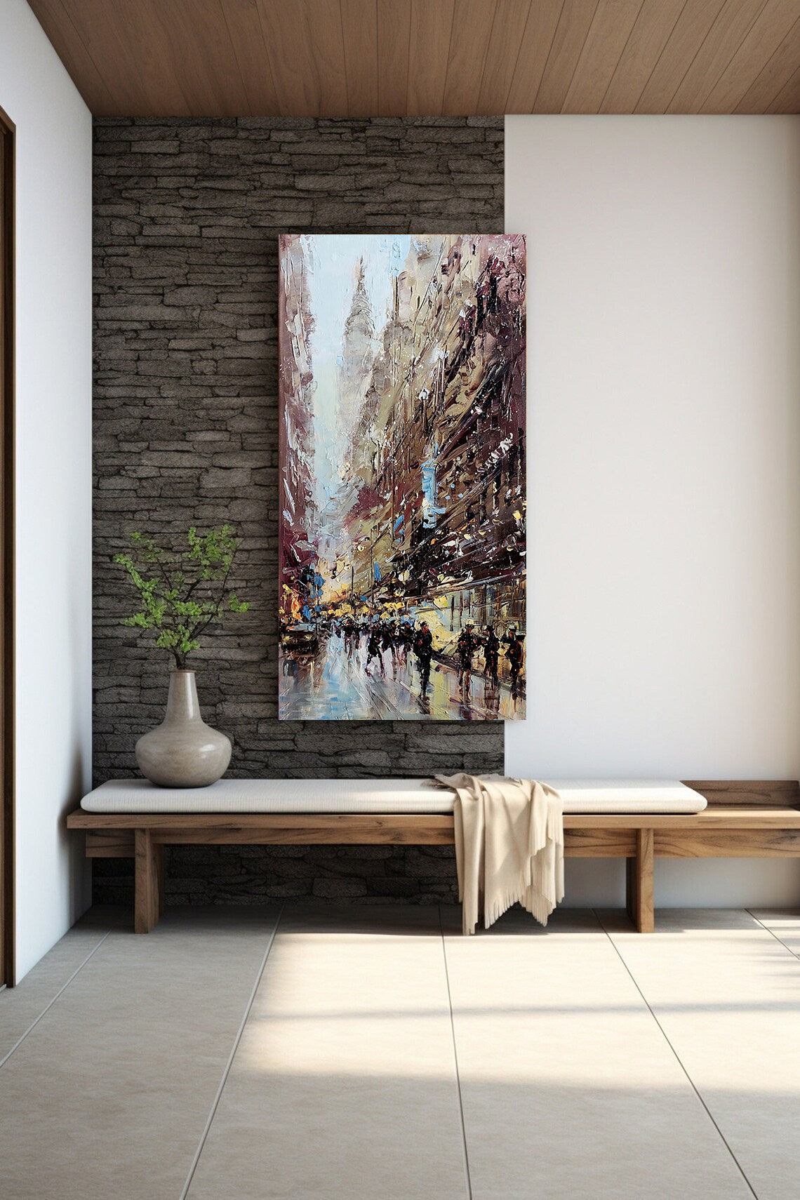 a painting hanging on a wall next to a bench