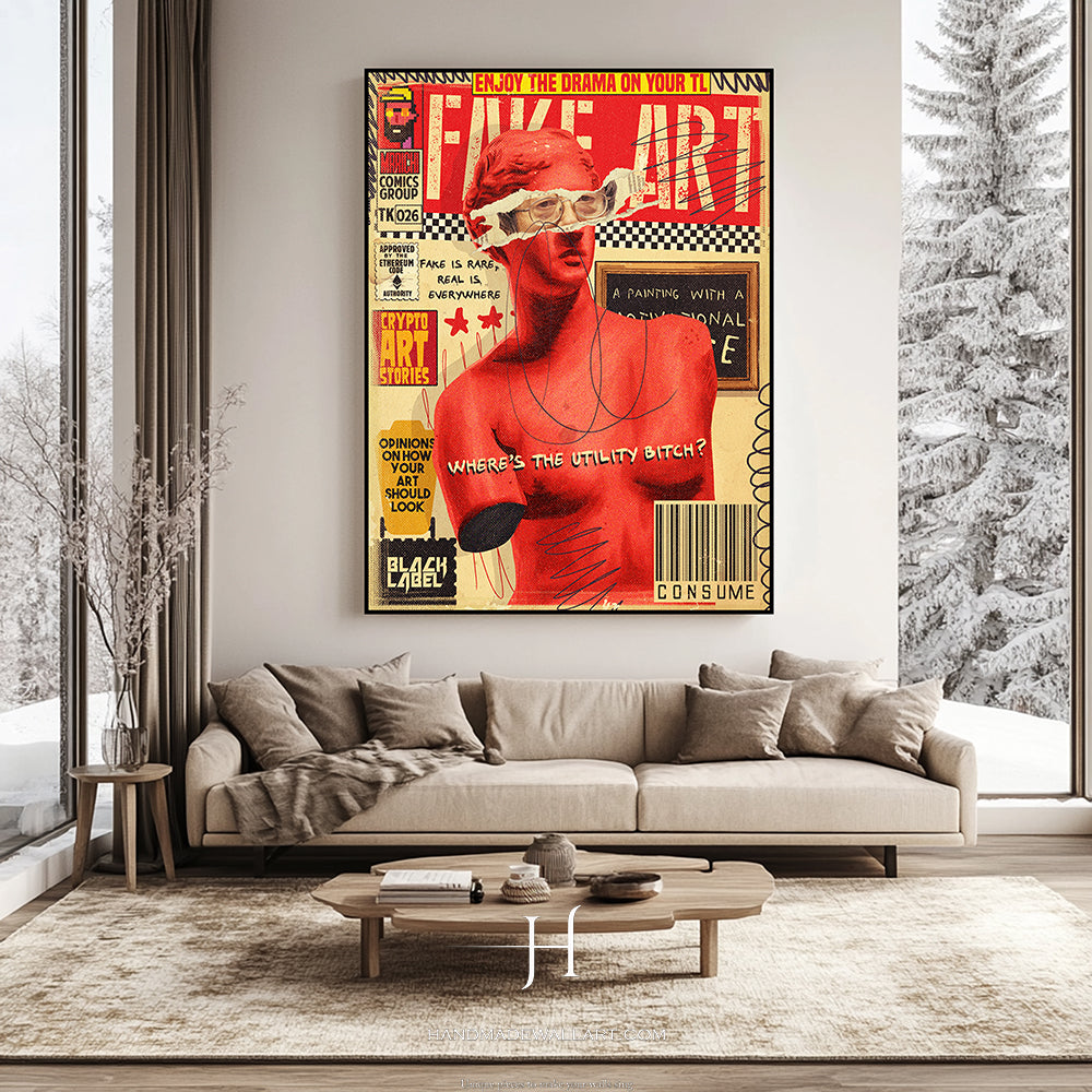 a living room with a couch and a painting on the wall