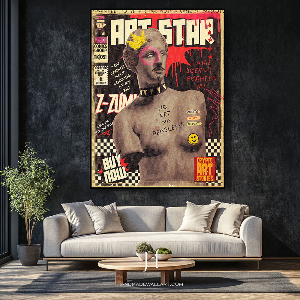 a living room with a couch and a painting on the wall