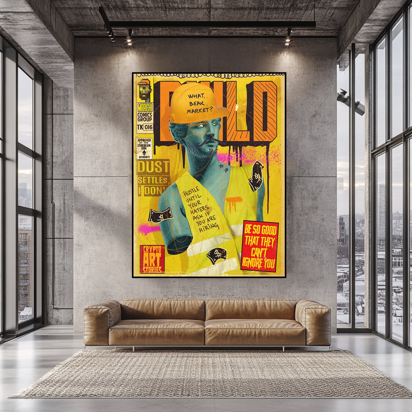 a living room with a couch and a poster on the wall