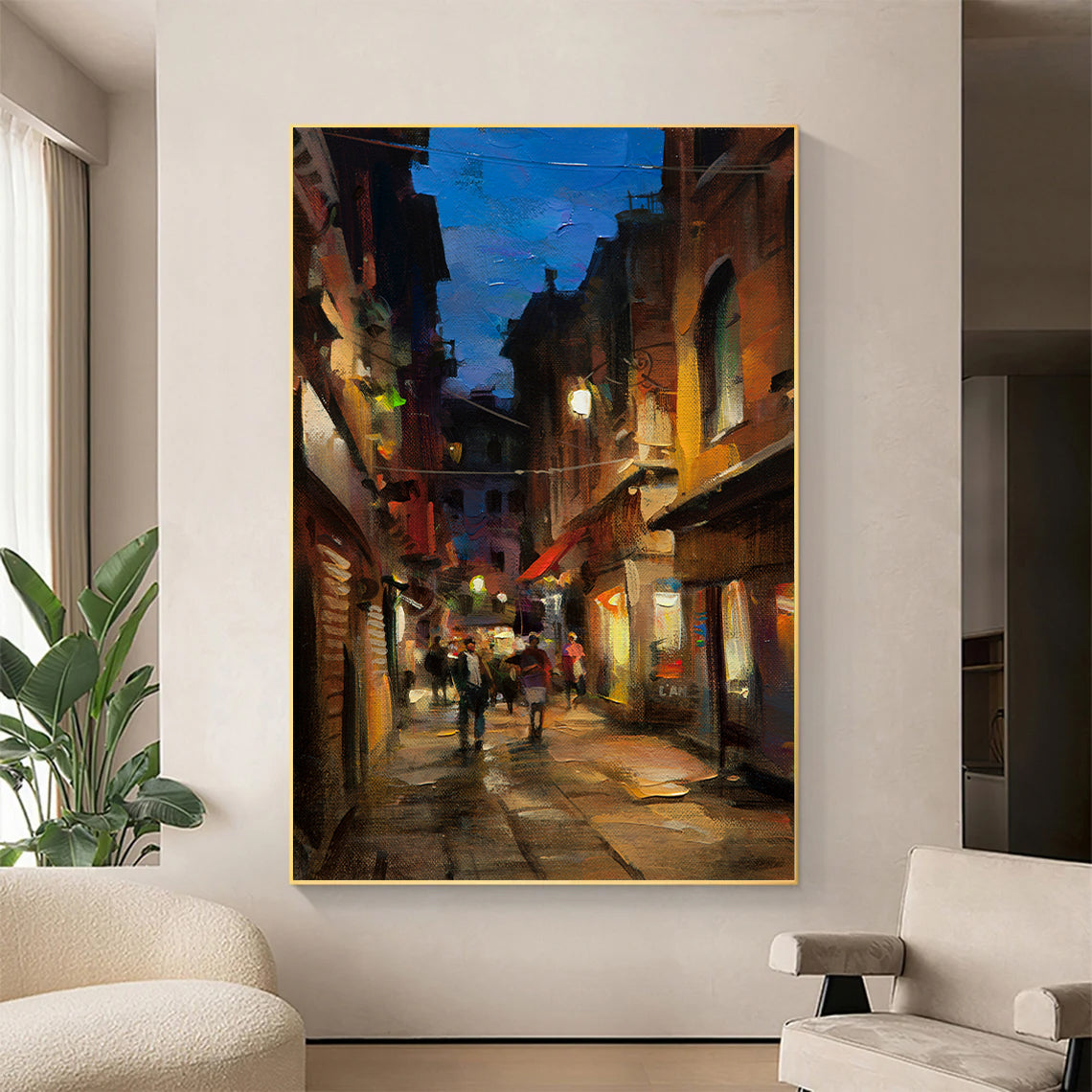 a painting of a city street at night