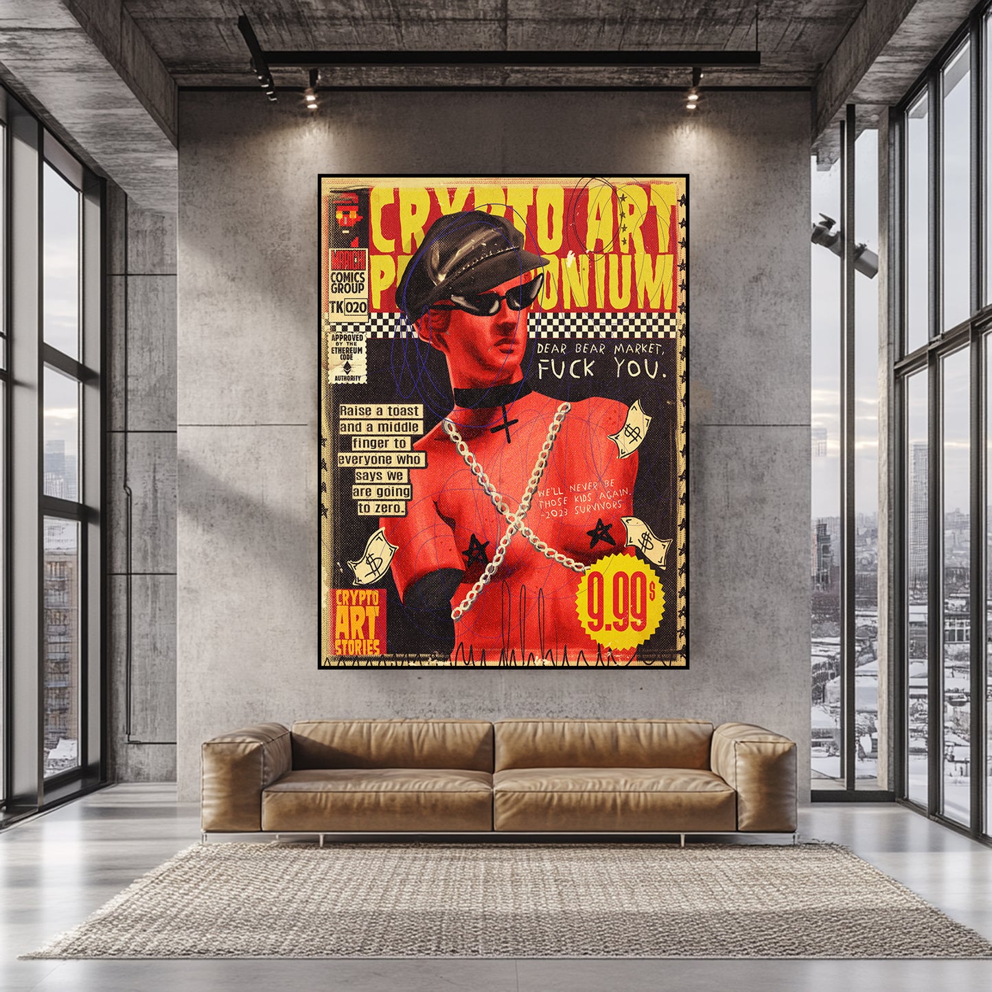 a living room with a couch and a poster on the wall