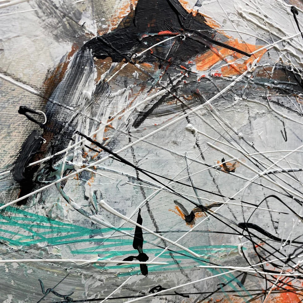 The image is an abstract painting with a mix of black, white, and orange colors, creating a dynamic and visually striking composition.