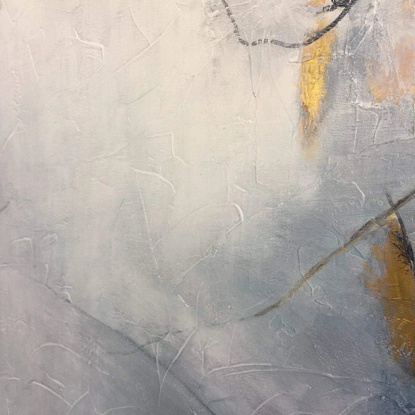 The image is an abstract painting with a textured, white background. The painting features a mix of yellow and black lines and shapes, creating a dynamic and visually interesting composition.