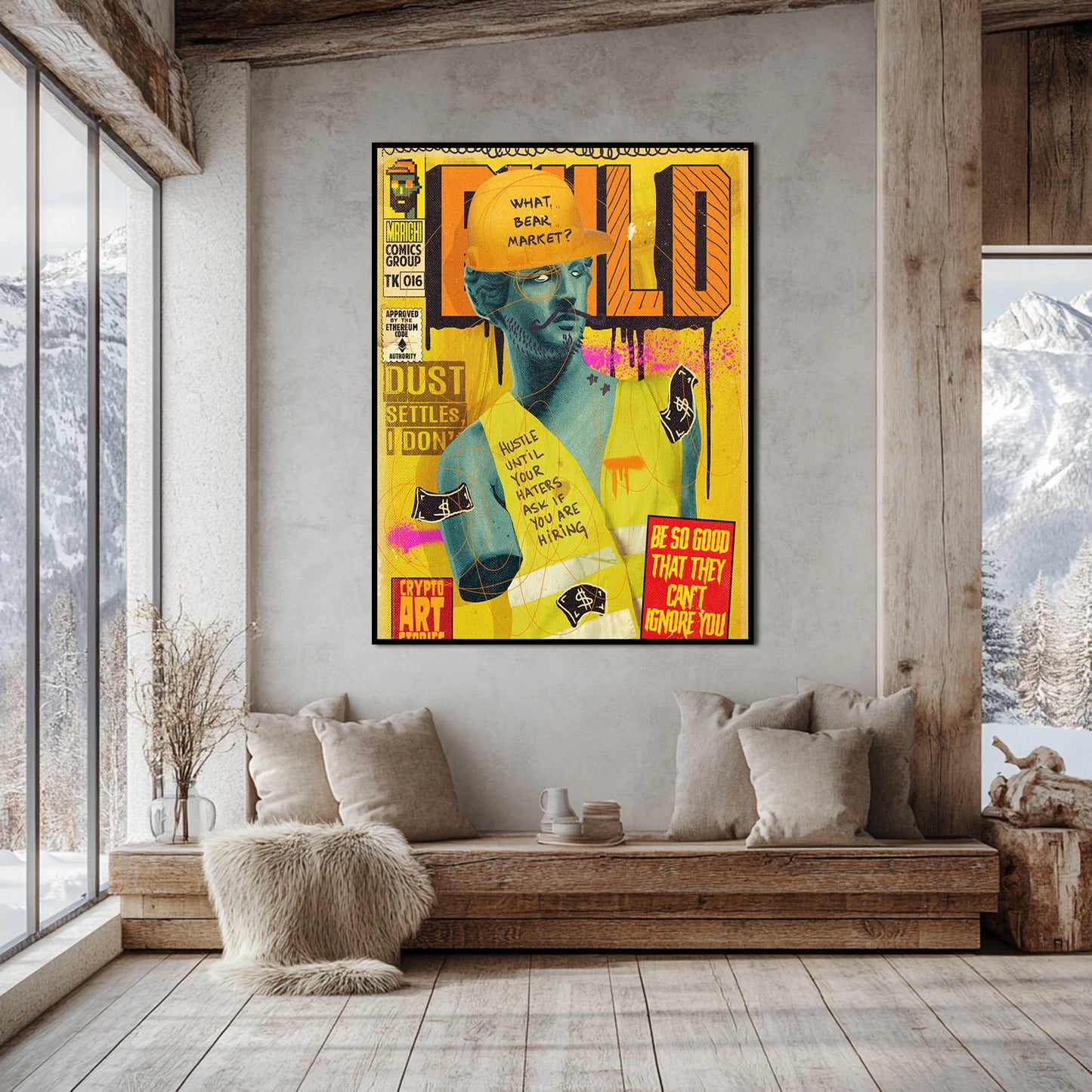 a living room with a couch and a poster on the wall