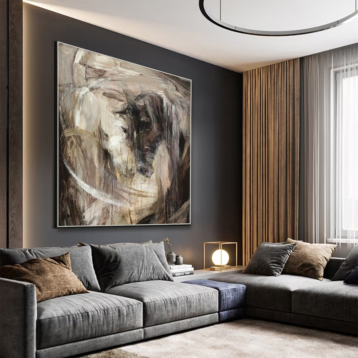 a living room filled with furniture and a painting on the wall