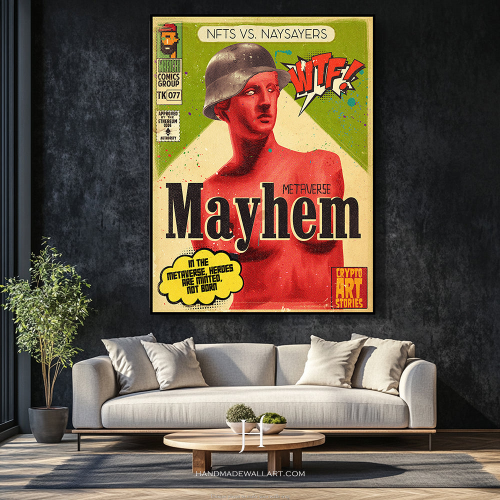 a living room with a couch and a poster on the wall