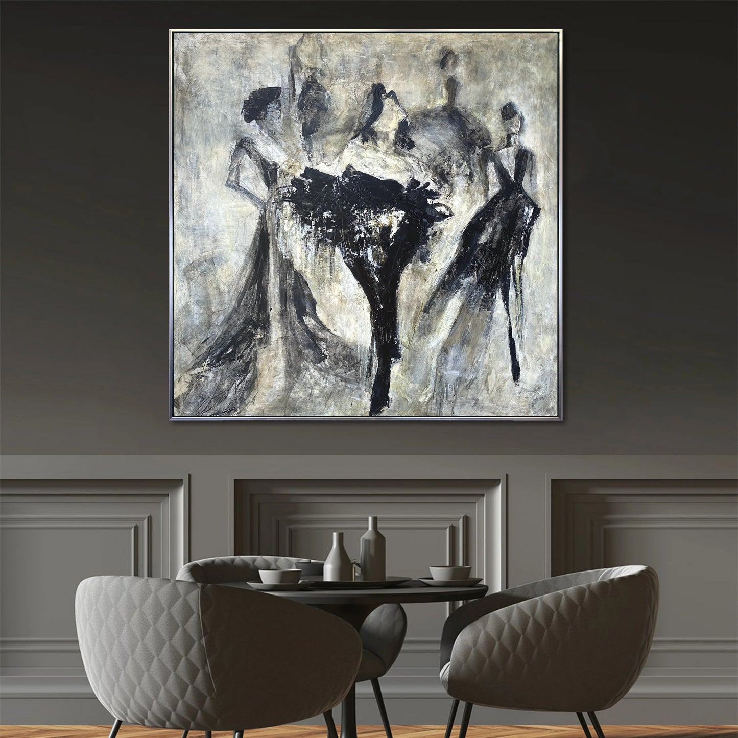 a large abstract painting hanging on a wall above a dining table with two chairs.