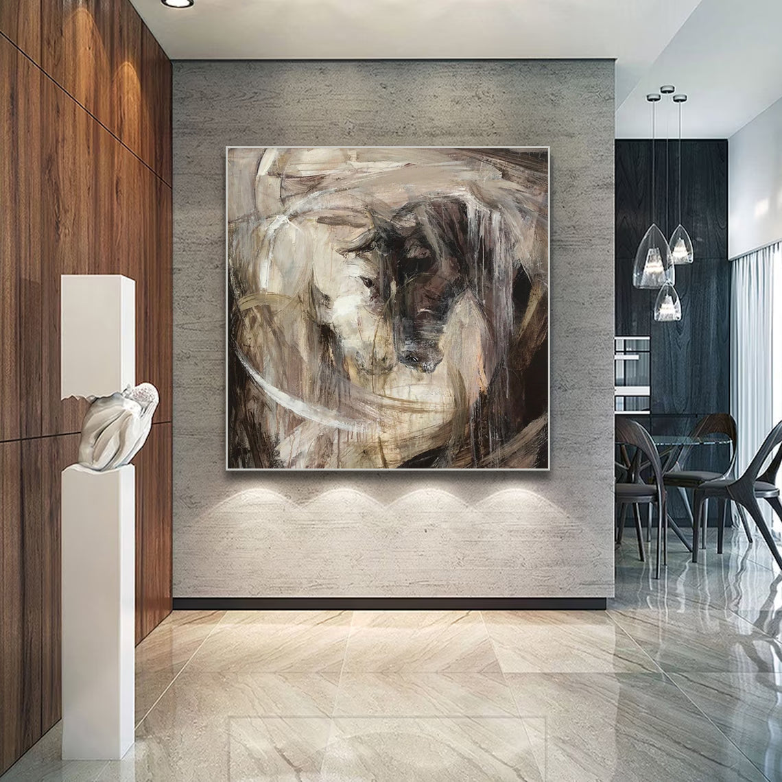 a painting hanging on a wall in a room