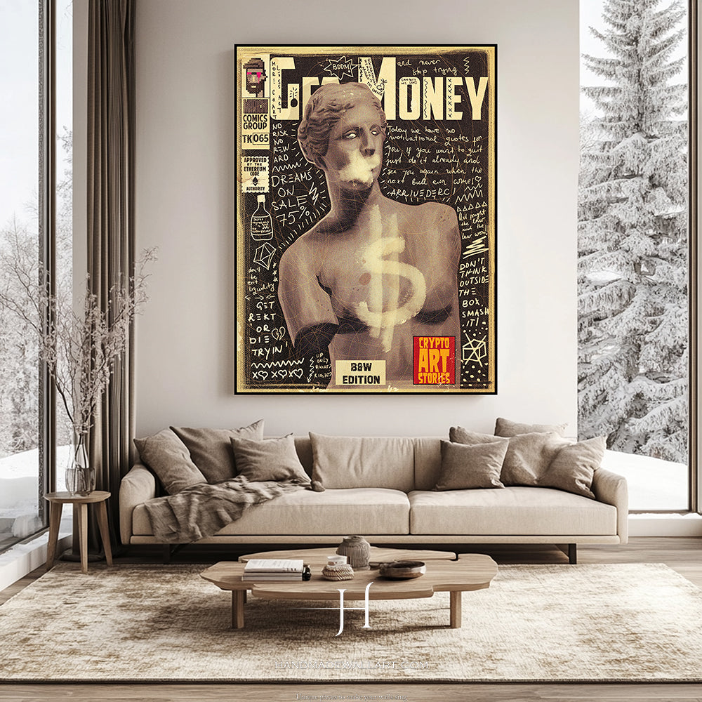 a living room filled with furniture and a painting on the wall