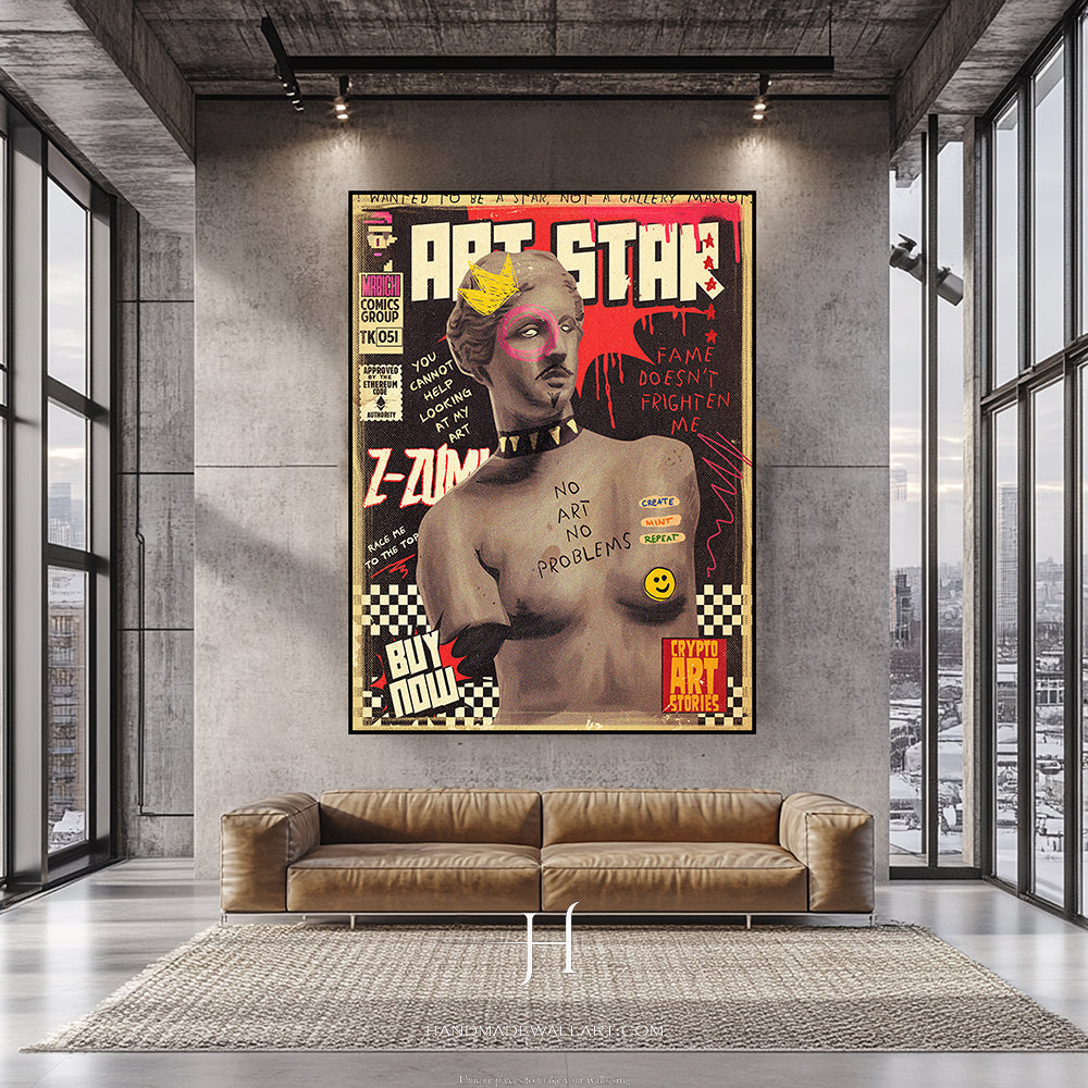 a living room with a couch and a painting on the wall