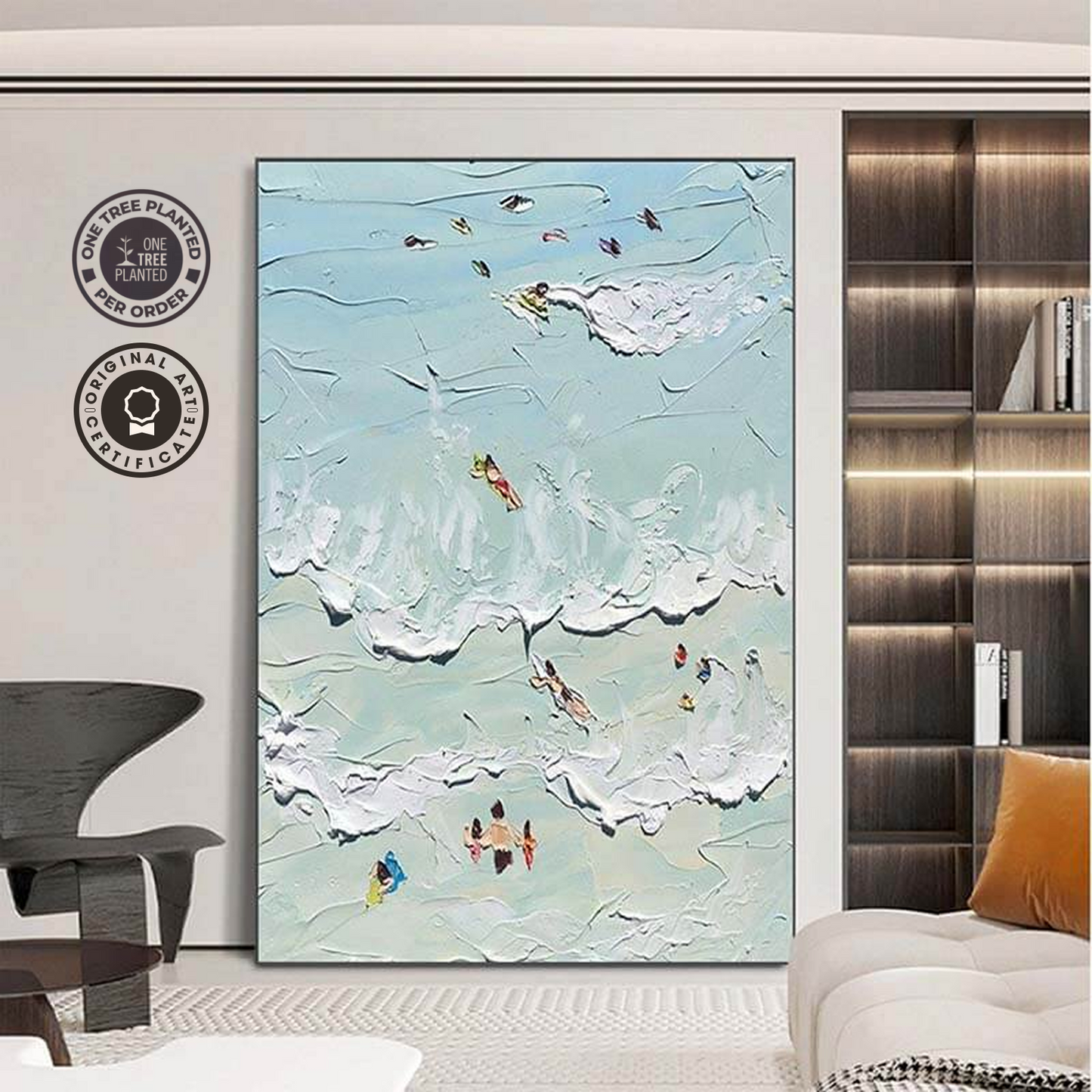 a living room with a painting on the wall