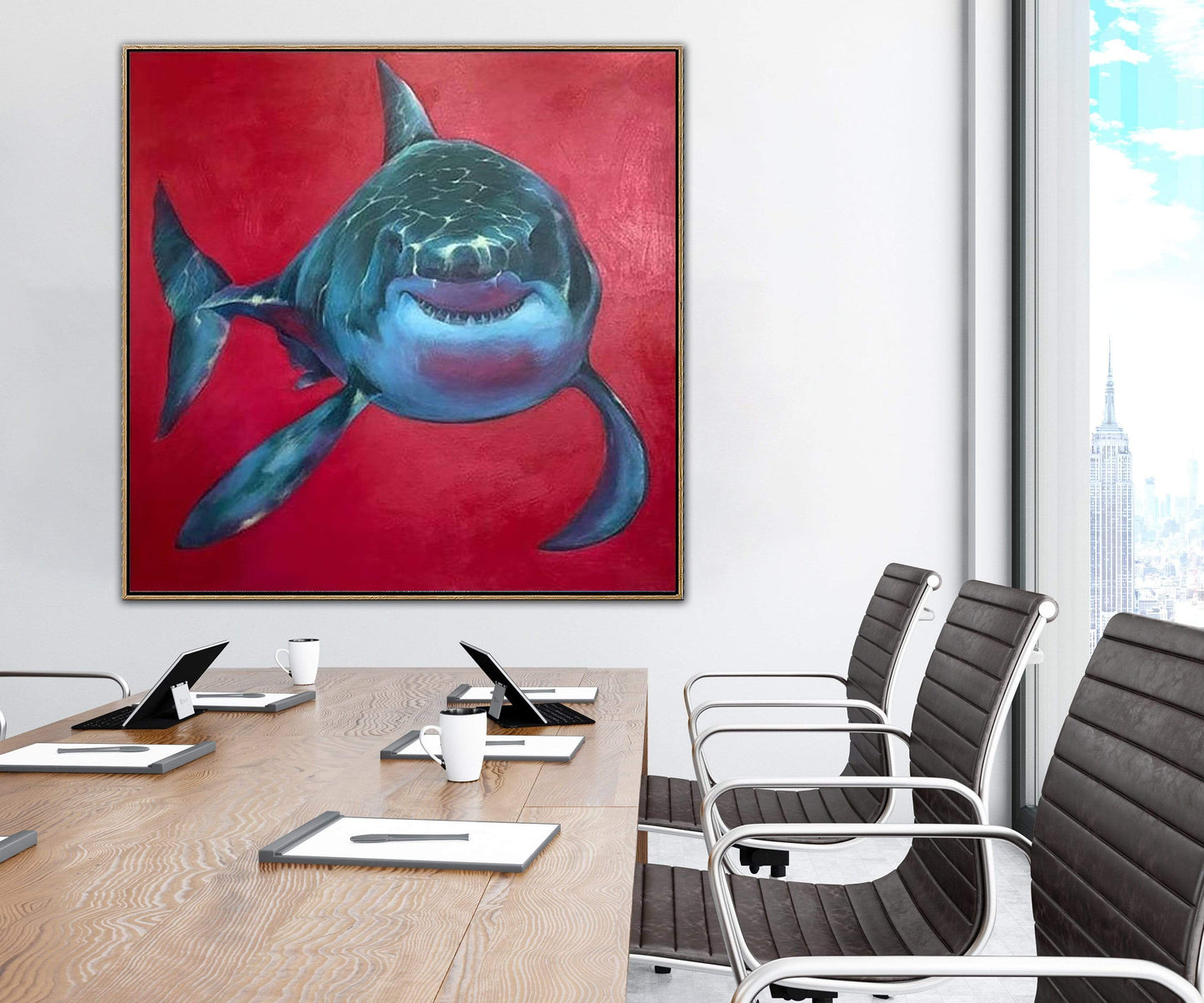 a painting of a shark on a red background