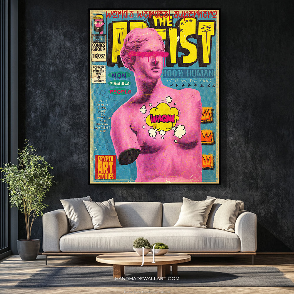a living room with a couch and a painting on the wall