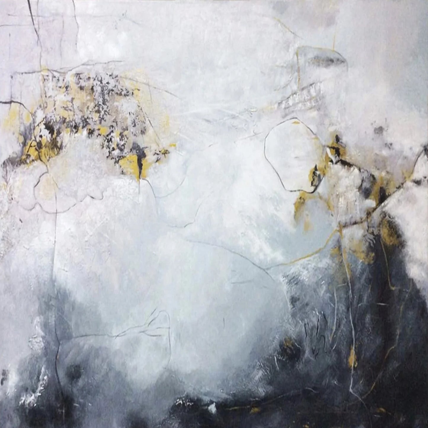 The image is an abstract painting with a predominantly white and black color palette. The painting features a mix of bold, expressive brushstrokes and areas of white and black, creating a sense of depth and movement. The overall composition is dynamic and visually striking, with a strong emphasis on the interplay of light and shadow.