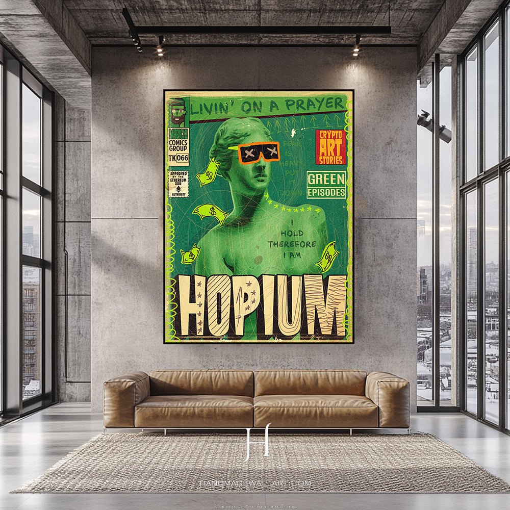 a living room with a couch and a poster on the wall